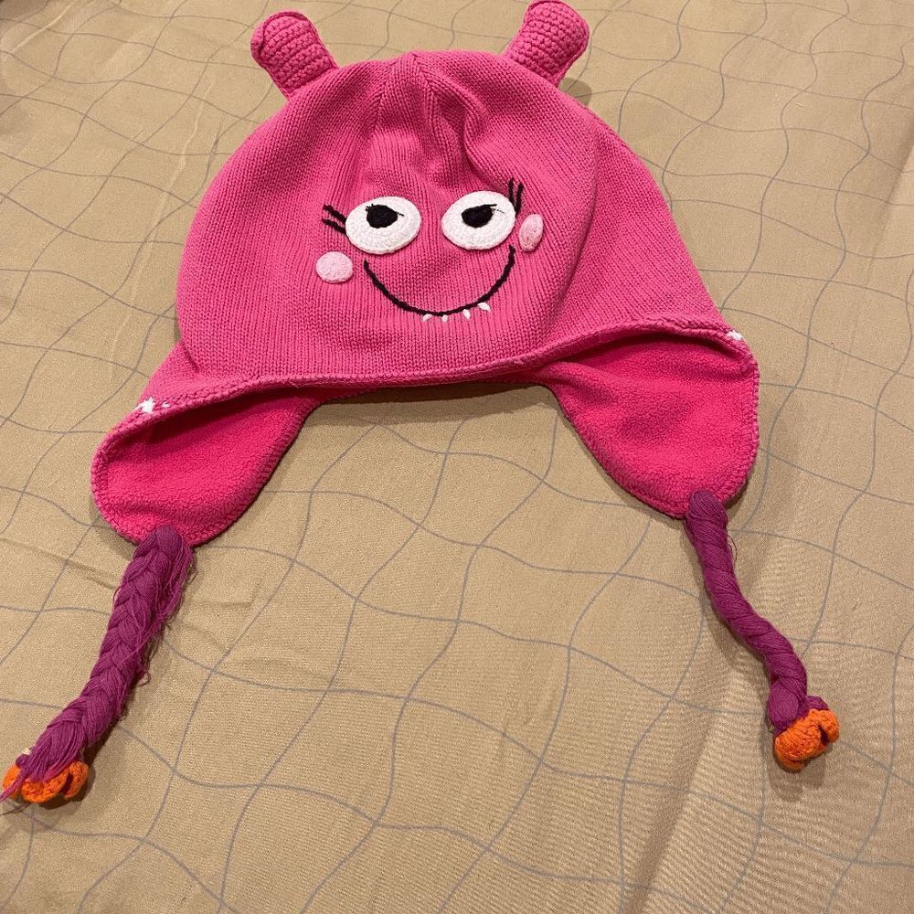 Hanna Andersson Girls Hat Knit Cap Funny pink Monster Tassels Size Large - Picture 1 of 8